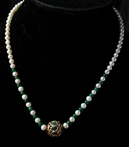 Single Line Real Oval Emerald & Real Pearl Necklace for Women (SN1043)